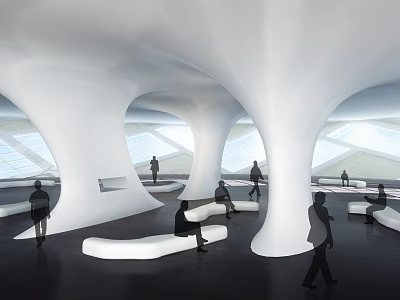 Front Desk Reception Area Modern Interior Featuring Curved White Columns Open Hall And Sleek Design 3d model