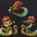 Cute Cartoon Snakes With Green Striped Bodies Red Flower Headdresses And Golden Objects