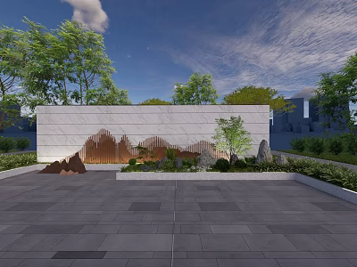 Modern Stone Landscape Wall with Laser-Cut Mountain Pattern and Greenery in Paved Plaza 3d model