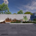 Modern Stone Landscape Wall with Laser-Cut Mountain Pattern and Greenery in Paved Plaza