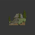 Cartoon Scene With Cozy Wooden Cabin Multiple Pine Trees Stone Stairs Green Grass And Rocks