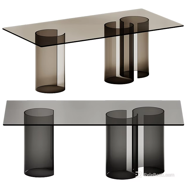 Modern Minimalist Dining Table With Glass Top And Cylindrical Dark Legs 3d model 