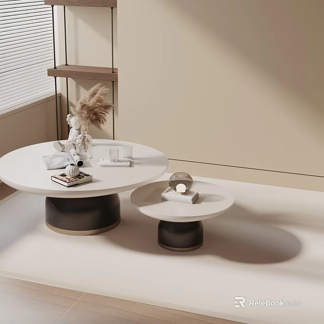 Modern Sofa and Two Round Coffee Tables with White Top Black Base Decorative Books 3d model 