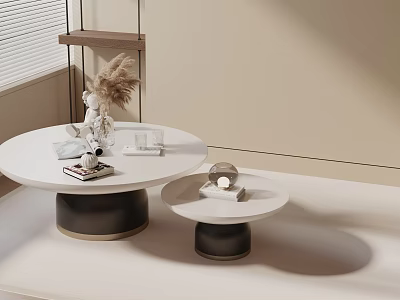 Modern Sofa and Two Round Coffee Tables with White Top Black Base Decorative Books 3d model