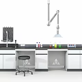 Laboratory Interior Setup With White Cabinets Black Countertop Faucet Reagent Bottles And Stool