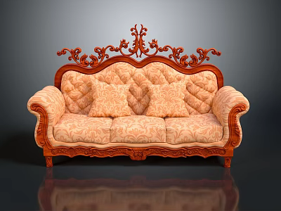 Classical Ornate Upholstered Sofa With Carved Wooden Frame And Patterned Cushions 3d model