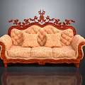 Classical Ornate Upholstered Sofa With Carved Wooden Frame And Patterned Cushions