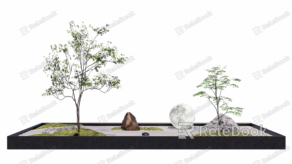 Chinese style courtyard landscape sketch interior landscaping sketch green planting rockery stone modeling tree model