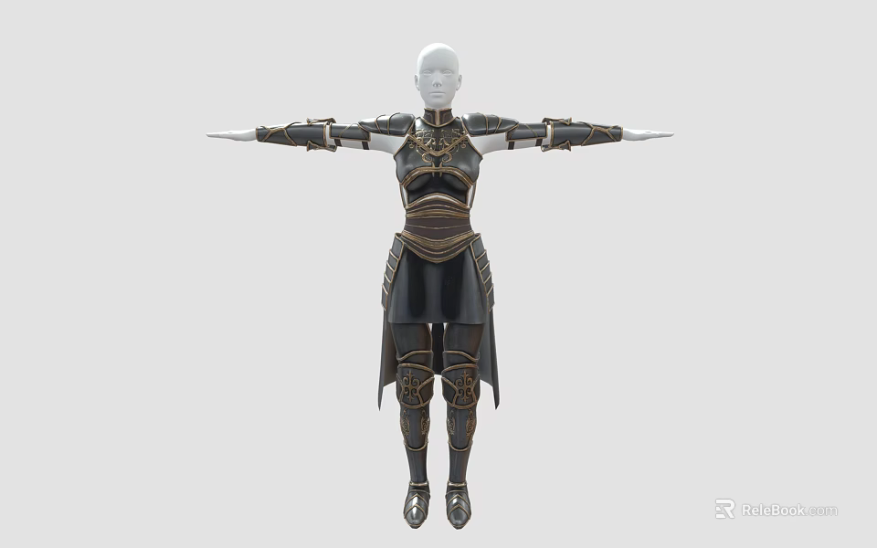 Black And Gold Weapon Armor With Intricate Decorations On Humanoid Model Arms Outstretched 3d model 