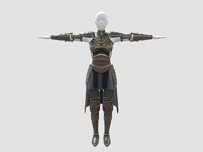 Black And Gold Weapon Armor With Intricate Decorations On Humanoid Model Arms Outstretched 3d model