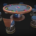 Round Roulette Game Table With Blue Tabletop Wooden Edge And Blue Cushioned Wheeled Chairs