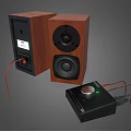 High Quality Wooden Bookshelf Audio Speakers With Black Amplifier And Red Cable