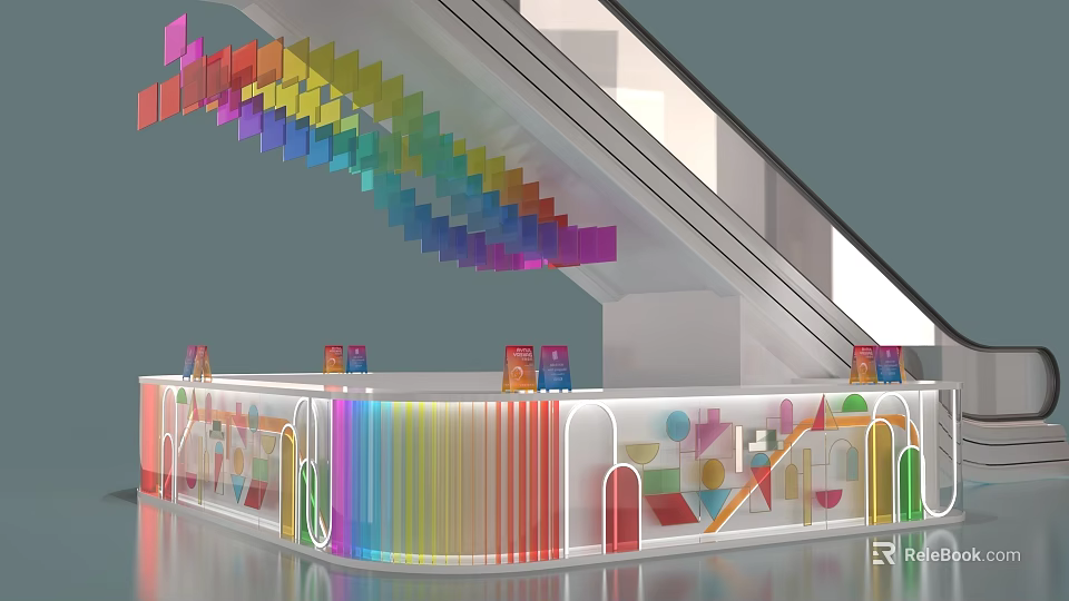 Colorful Modern Reception Desk With Geometric Decorative Elements And Striped Lighting Design 3d model