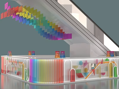 Colorful Modern Reception Desk With Geometric Decorative Elements And Striped Lighting Design 3d model