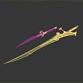 Two Decorative Swords Long And Short With Blue Blades And Golden Hilts