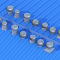 Various Silver Knob Shaped Household Items Arranged On Blue Corrugated Board 3d model