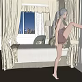 Woman Stretching Leg In Bedroom With Curtains Window And Bed