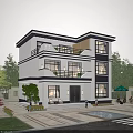Modern Two Story Detached Villa With White Exterior Black Accents Balcony And Green Courtyard