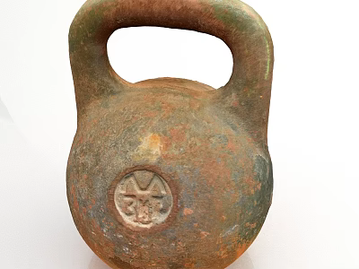Vintage Rusty Kettlebell Featuring Handle And Emblem On Metal Body 3d model