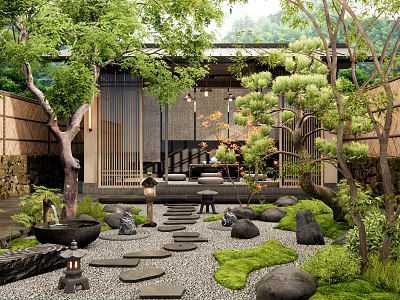 Japanese Courtyard Garden With Stone Lanterns Stepping Paths Trees And Lush Greenery 3d model