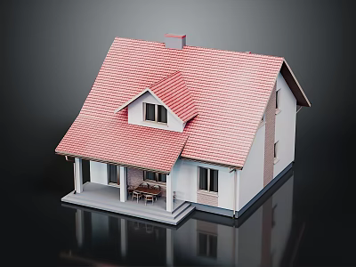 Model House With Red Roof White Walls Porch Table And Chairs Chimney 3d model