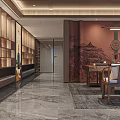 Chinese Style Bar Interior With Mahogany Furniture Display Cabinets Marble Floor And Decorative Paintings