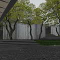 Tranquil Garden Landscape With Green Trees Stone Path Steps And Gray Walls