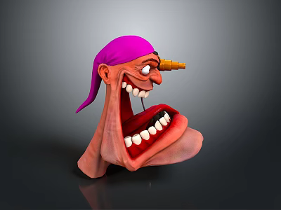 Cartoon Toy Head With Purple Hat Telescope Eye And Open Mouth Teeth 3d model
