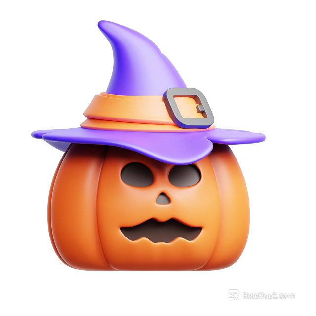 Halloween Themed Ornament Set With Pumpkin Shaped Design Purple Witch Hat Orange Band And Silver Buckle 3d model 