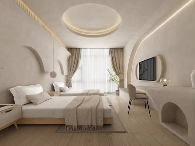Modern Hotel Room Interior With Twin Beds Curved Walls Round Ceiling Light TV And Desk 3d model