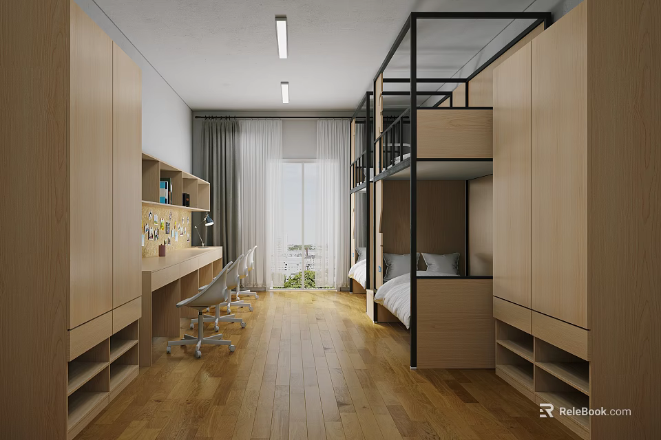 Modern Dorm Room Interior With Bunk Bed Desk Chair And Wooden Floor 3d model 