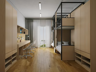 Modern Dorm Room Interior With Bunk Bed Desk Chair And Wooden Floor 3d model