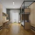 Modern Dorm Room Interior With Bunk Bed Desk Chair And Wooden Floor