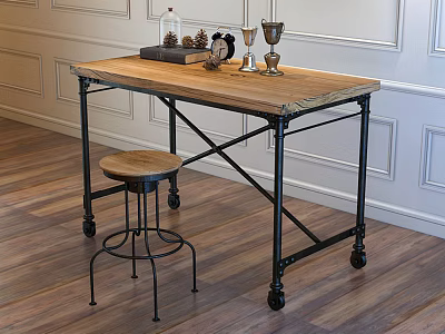 Wooden Top Desk With Black Metal Frame Wheels Books Clock Trophy And Stool 3d model