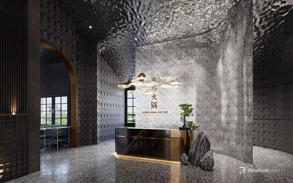 Modern Hotel Lobby Interior With Textured Stone Wall Reception Desk And Hanging Lights 3d model 