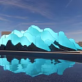 Illuminated Blue Mountain Shaped Garden Ornament With Water Reflection In Dark Background