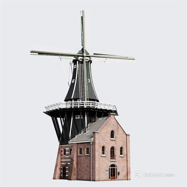 Traditional Windmill Architectural Components With Wooden Blades And Brick Tower Structure 3d model 