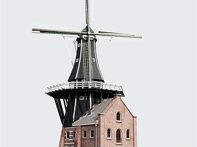 Traditional Windmill Architectural Components With Wooden Blades And Brick Tower Structure 3d model