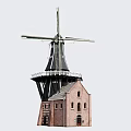 Traditional Windmill Architectural Components With Wooden Blades And Brick Tower Structure 3d model