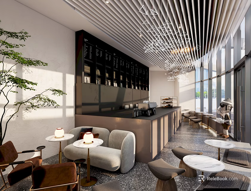 Modern Cozy Bubble Tea Shop Interior With Chandeliers Green Plants And Bar Counter 3d model 