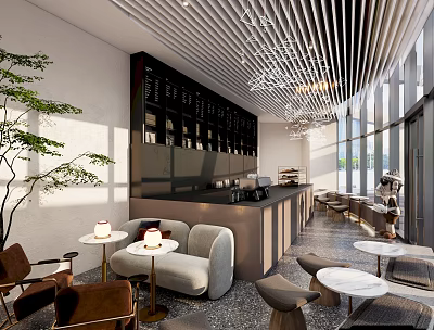 Modern Cozy Bubble Tea Shop Interior With Chandeliers Green Plants And Bar Counter 3d model