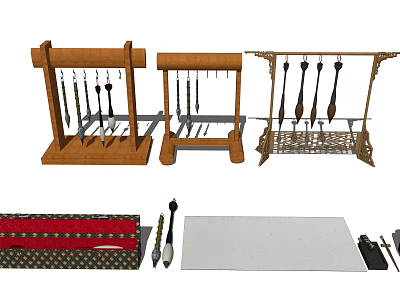 Various Pens Displayed on Wooden and Metal Racks with Pen Case and White Mat 3d model