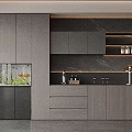 Modern Gray Wooden Sideboard With Aquarium Green Plants And Black Backdrop Shelves