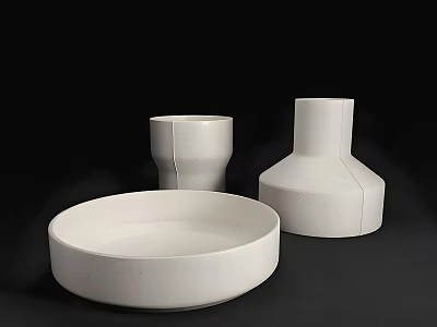 White Ceramic Bowl Plate Cup And Vase With Speckled Linear Design On Black Background 3d model