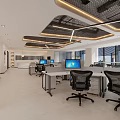 Spacious Public Office Space With Workstations Computers Black Ergonomic Chairs And Ceiling Lighting 3d model