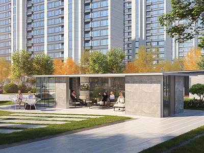 Modern Outdoor Pergola With Seating Area Among High Rise Buildings And Autumn Trees 3d model