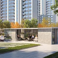 Modern Outdoor Pergola With Seating Area Among High Rise Buildings And Autumn Trees