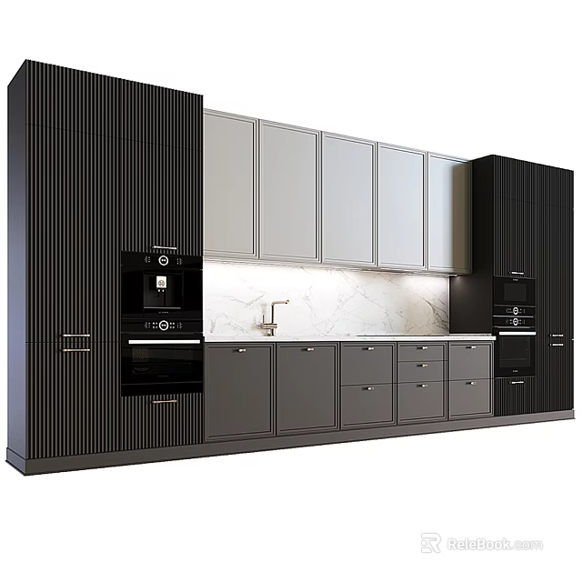 Sleek Modern Kitchen Cabinets Design With Black Gray Storage And Marble Countertop Appliances 3d model 