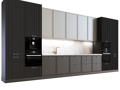 Sleek Modern Kitchen Cabinets Design With Black Gray Storage And Marble Countertop Appliances 3d model