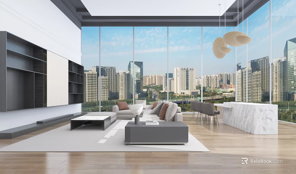 Modern Living Room Interior With Large Windows City View Sofa Coffee Table And Pendant Lights 3d model 
